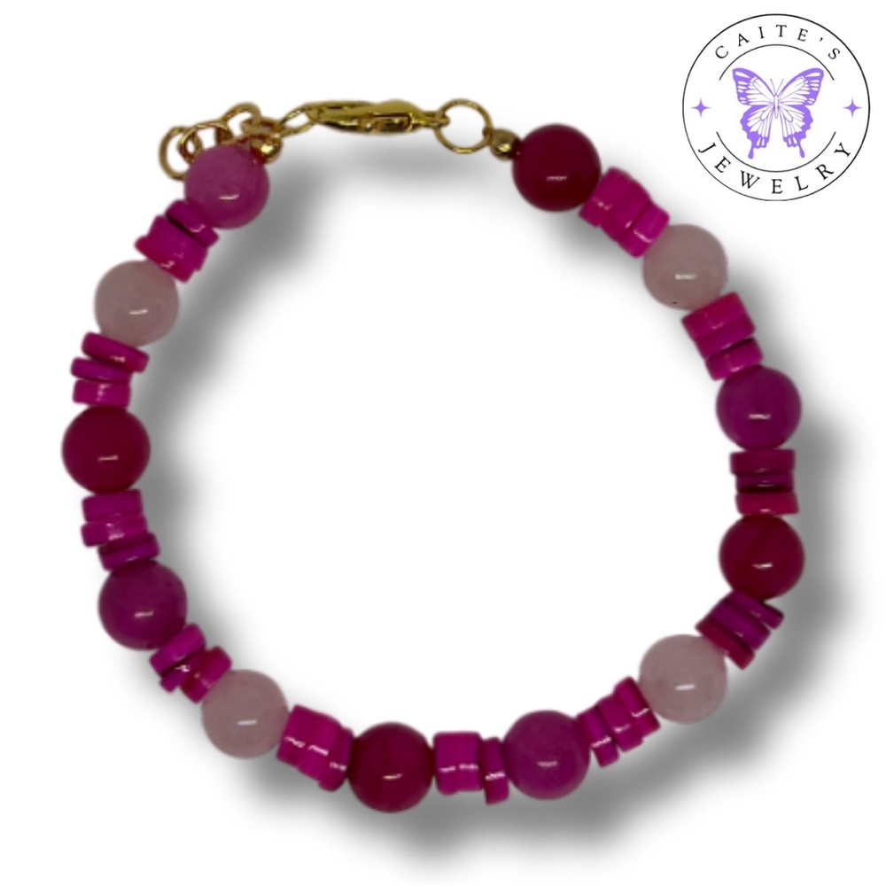Handmade Gold Wire Bracelet with Pink Jade Beads